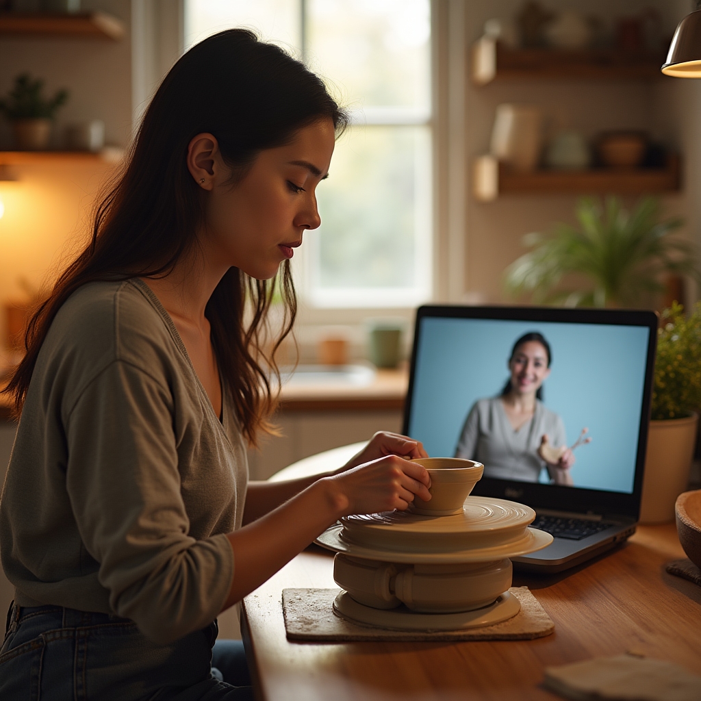 Beginner student centering clay on a small electric tabletop pottery wheel while watching an instructor demonstrate on a laptop screen