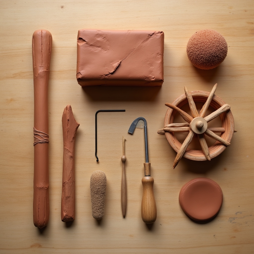 Flat lay of a pottery starter kit including clay blocks, wooden ribs, wire tools, a sponge, and a small banding wheel