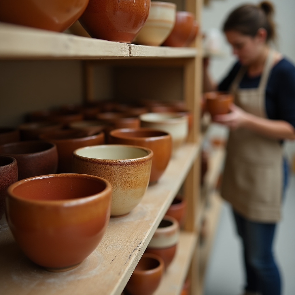 Rows of finished glazed ceramic bowls and mugs in warm terracotta and amber tones drying on a studio shelf before final firing