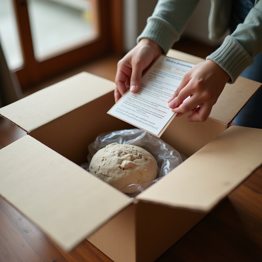 Open cardboard shipping box with clay wrapped in plastic, tools nestled in packaging, and a printed instruction card on top