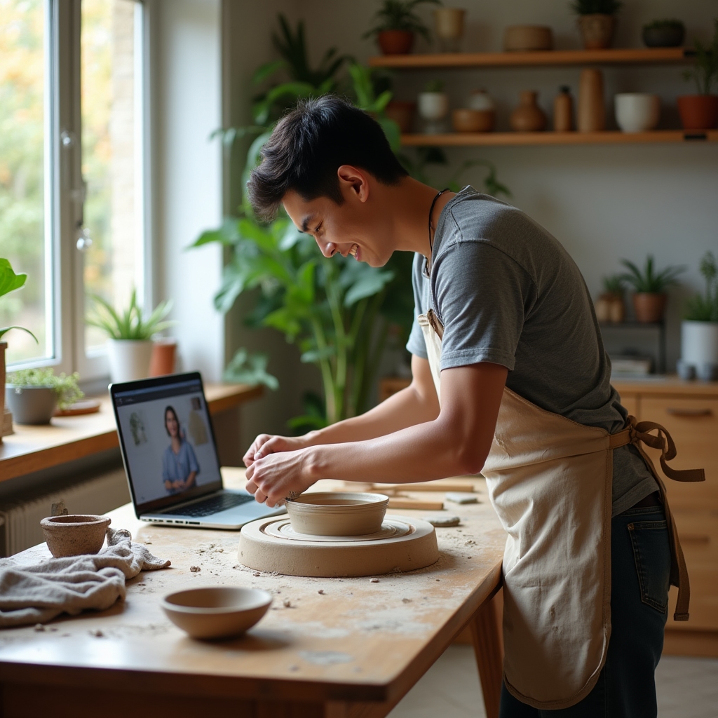 Home dining table set up as a small pottery studio with clay tools, a banding wheel, and a laptop showing a live class